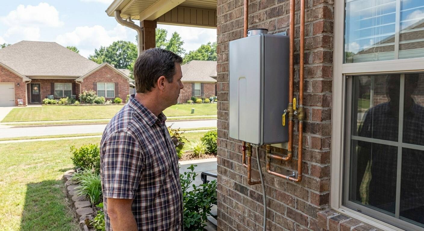 Tankless water heater installed in a modern Fort Smith home utility room